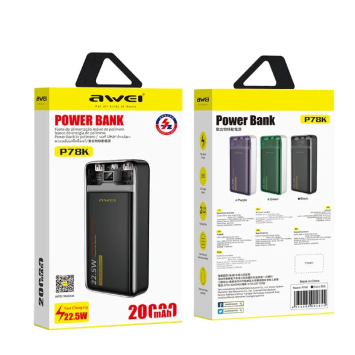 Awei power bank 20000mah P78k PD22.5ws Portable
